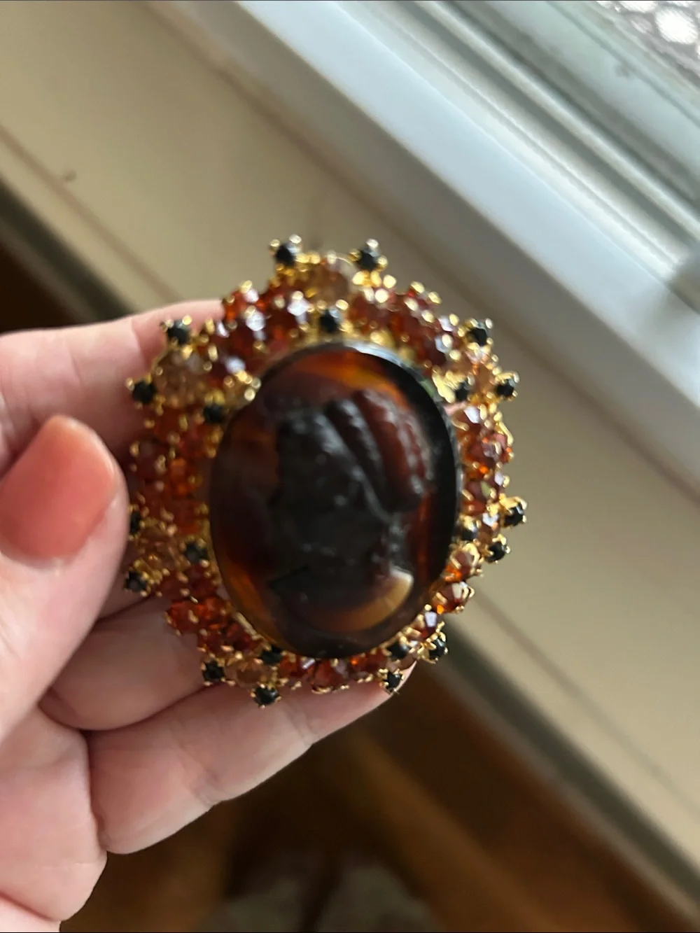 Vintage-Delazza-Elster Juliana Black Cameo Brooch with Amber and Black Accents